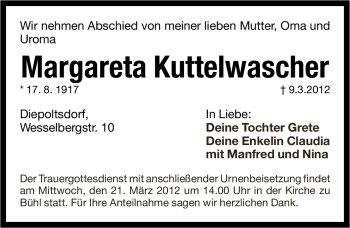 Traueranzeige von Margareta Kuttelwascher von Pegnitz-Zeitung
